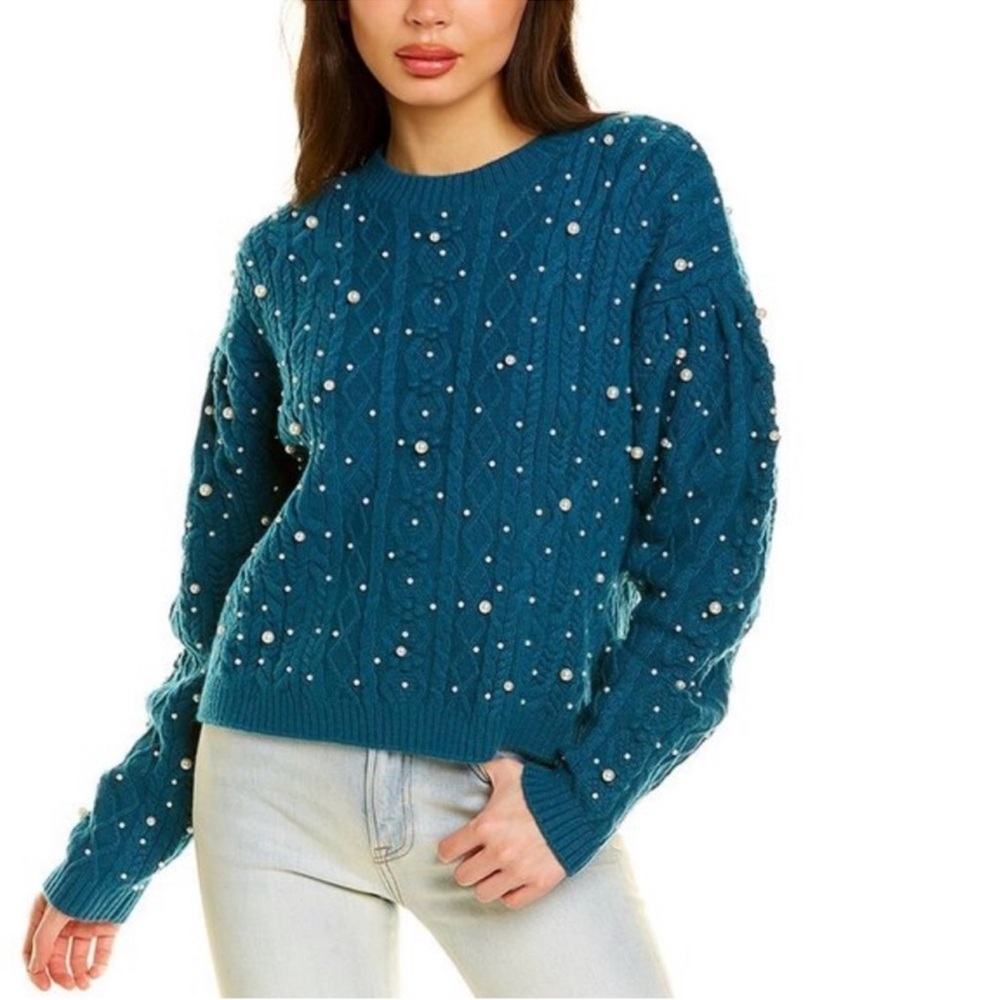 NWT Something Navy Shelby Pearl Cable Knit Sweater Teal Pullover